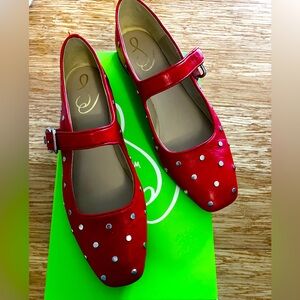 Sam Edelman red leather with silver flat studs Mary Jane flats